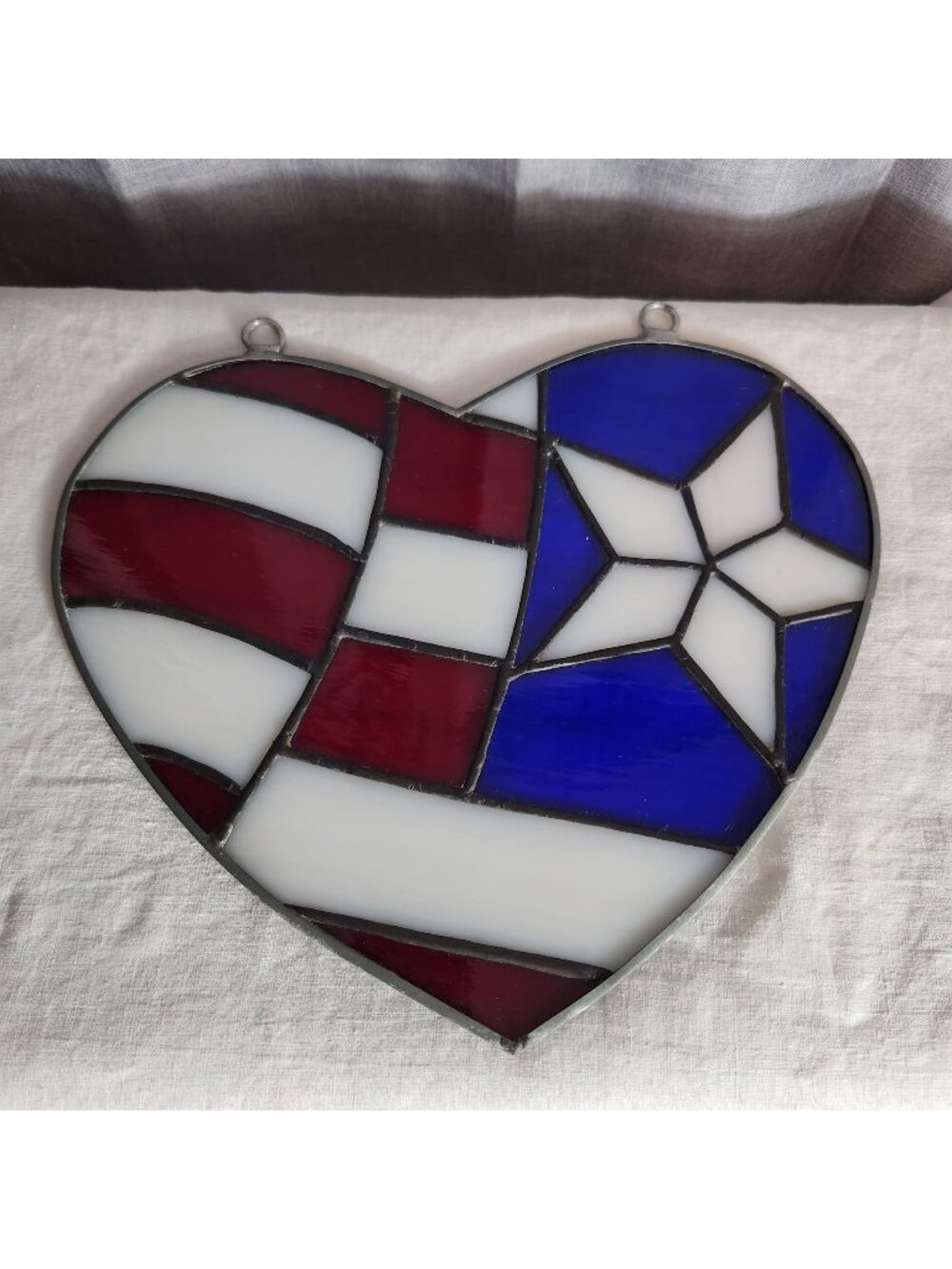 Vintage Handmade Stained Glass Heart With American Flag & Star Design Red White